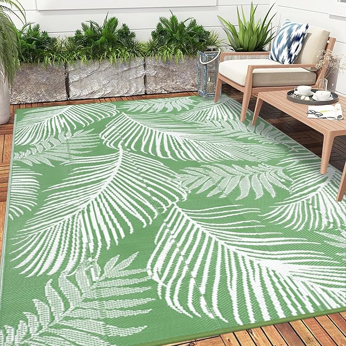 Pauwer Waterproof Outdoor Rug 8x10, Reversible Plastic Straw Patio Camping Rug, Indoor Outdoor RV Mat Carpet for Deck, Camper, Porch, Balcony, Backyard, Picnic, Leaf Green