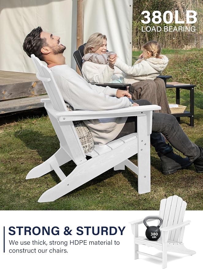 KINGYES HDPE Adirondack Chair, Classic All-Weather Outdoor Patio Adirondack Chair, White