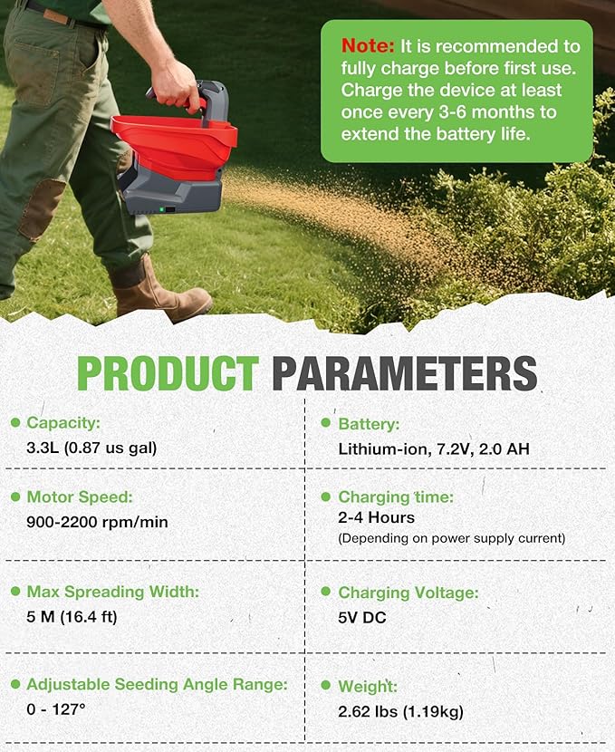 SHALL Battery Powered Fertilizer Spreader, 7.2V Rechargeable Seed Spreader for Salt, De-Icer, Earth Food, Grass Seed, 8-Level Settings and 3.3L Large Capacity Spreading up to 6458 sq.ft