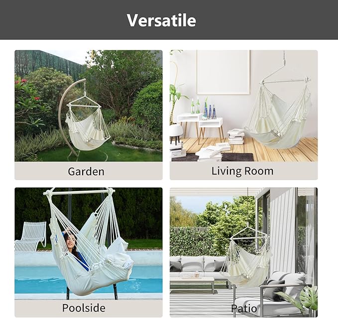 Hanging Hammock Chair Swing MAX 500 lbs Outdoor Hanging Chair with Footrest Indoor Swing Chair with Portable Steel Spreader Bar and Hardware Kit for Bedroom Living Room Patio Porch - White
