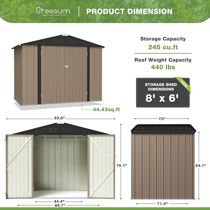 Greesum Outdoor Storage Shed 6 x 8 ft. Utility Tool Shed Metal Storage Garden Shed with Door & Lock for Patio Storage, Brown