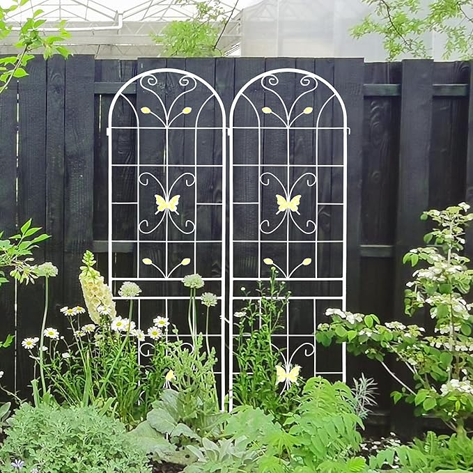 4 Pack Metal Garden Trellis 86.7" White Fence Rustproof Garden Trellis for Climbing Plants Support Roses Flower Outdoor Lawn, Cream White