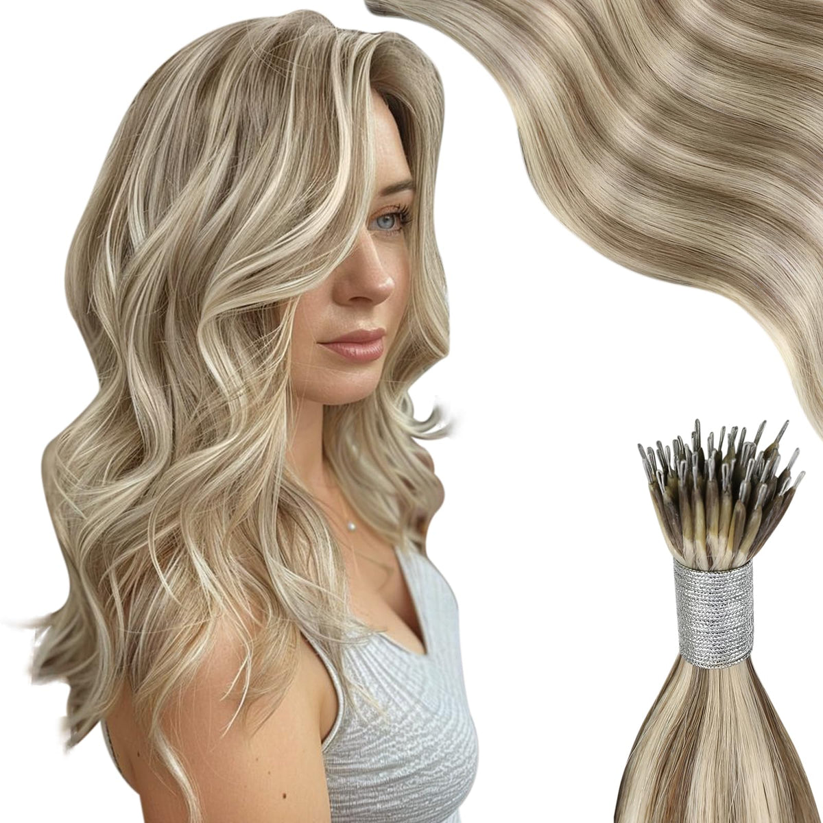 Moresoo Nano Hair Extensions Human Hair Light Brown With Platinum Blonde Nano Bead Hair Extensions Human Hair Brown Highlight Na