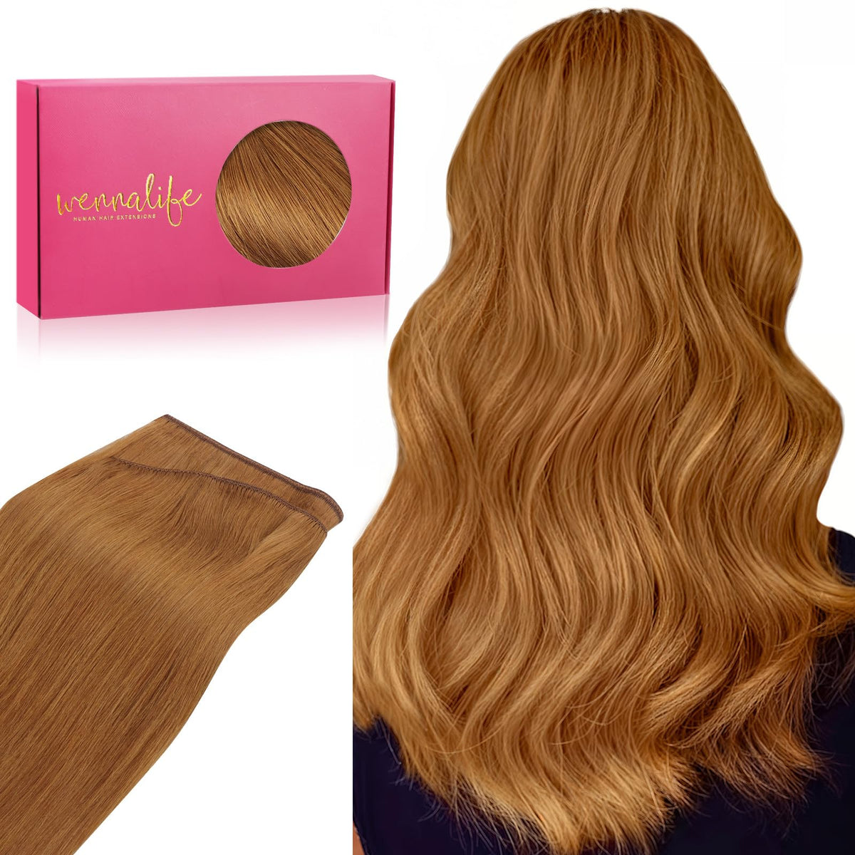 Wennalife Sew In Hair Extensions Real Human Hair, 16 Inch 80G Auburn Ginger Machine Weft Hair Extensions Human Hair Hand Tied We