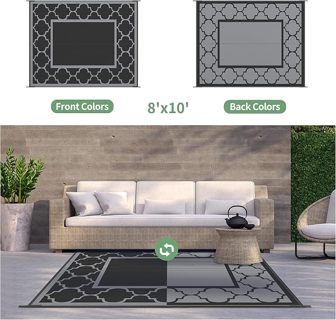 GENIMO 8' x 10' Outdoor Rug Patio Waterproof, Reversible Plastic Straw Area Rugs Mat for Camper Decor, Outside Carpet for Camping, Rv, Deck, Porch, Picnic, Beach, Balcony, Black & Grey