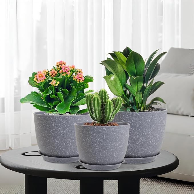 12/10/9 inch Large Plant Pots, 3 Pack Modern Decorative Plastic Planters with Drainage Holes and Saucer for House Garden Plants, Flower Pots for Indoor Outdoor Plants, Speckled Grey