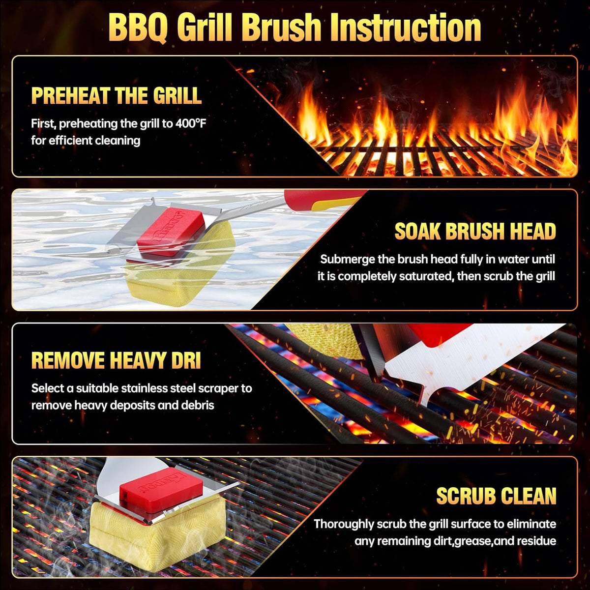 Grill Brush Bristle Free for Outdoor Grill, Steam Grill Cleaning Brush Replaceable BBQ Cleaner Brush Head,Extended Handle, Safe Grill Brush with Scraper for Cast Iron Stainless-Steel Grates, Red