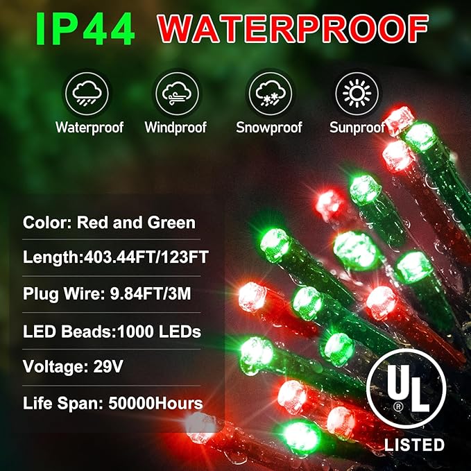 KNONEW 403FT 1000 LED Christmas String Lights Outdoor Green Wire Fairy Light 8 Modes & Timer Plug in Waterproof LED String Lights for Xmas Yard Tree Wedding Party Holiday Decorations (Red and Green)