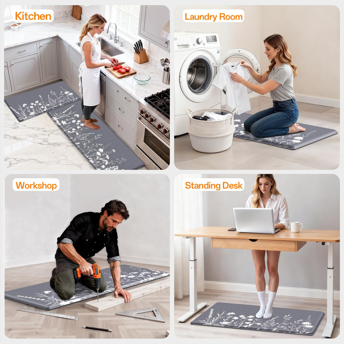 SofterCharm Kitchen Mats for Floor, 2-Piece Anti-Fatigue Kitchen Rugs, Grey