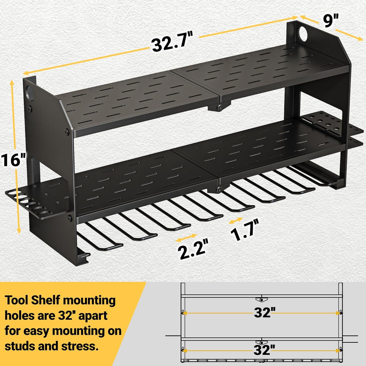 YYR Power Tool Organizer Wall Mount, Cordless Drill and Battery Holder, Electric Tools Hanger Storage Rack, Garage Organization Floating Shelf - Metal, Black