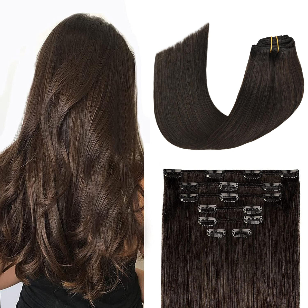 Dark Brown Clip In Hair Extensions Real Human Hair 100G 100% Real Human Hair Clip In Hair Extensions Soft Silky Straight 7Pcs 16