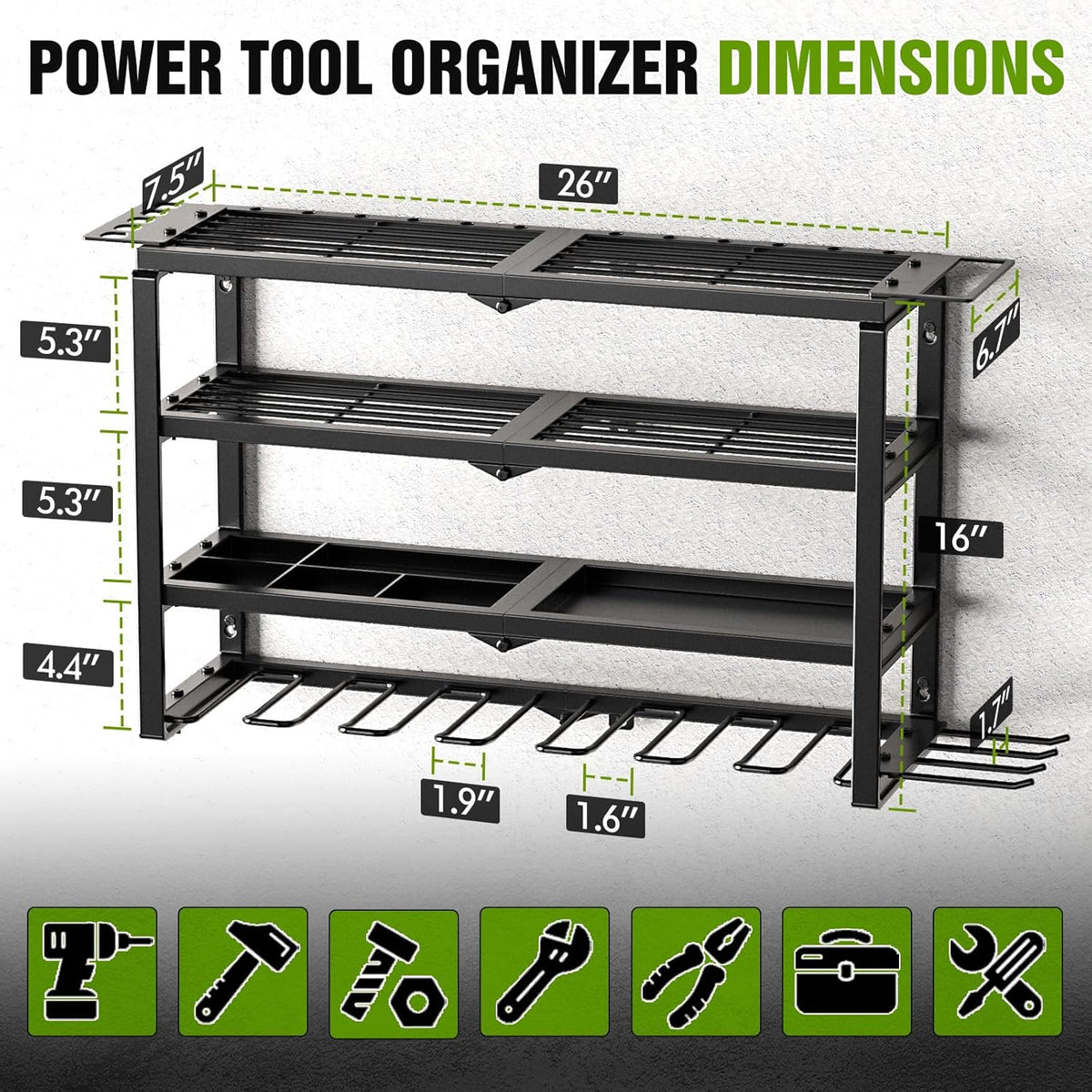 MAXIFFE 4 Layer Power Tool Organizer Wall Mount, Heavy Duty Metal Cordless Tool Organizers and Storage Rack Holder with 9 Drill Holders for Garage Storage Organization, Gifts for Men, Black, 26 inch
