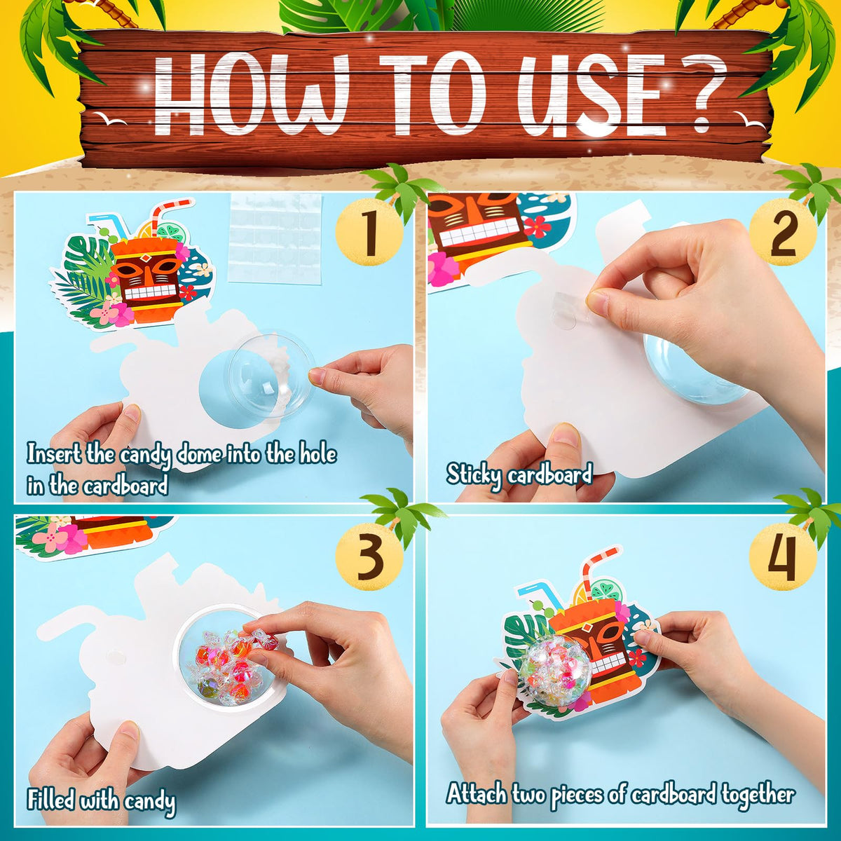 Motiskyy 30 Pack Hawaiian Candy Cards Hawaiian Theme Holder with Clear Plastic Candy Dome Tropical Party DIY for Summer Pool Beach Birthday Baby