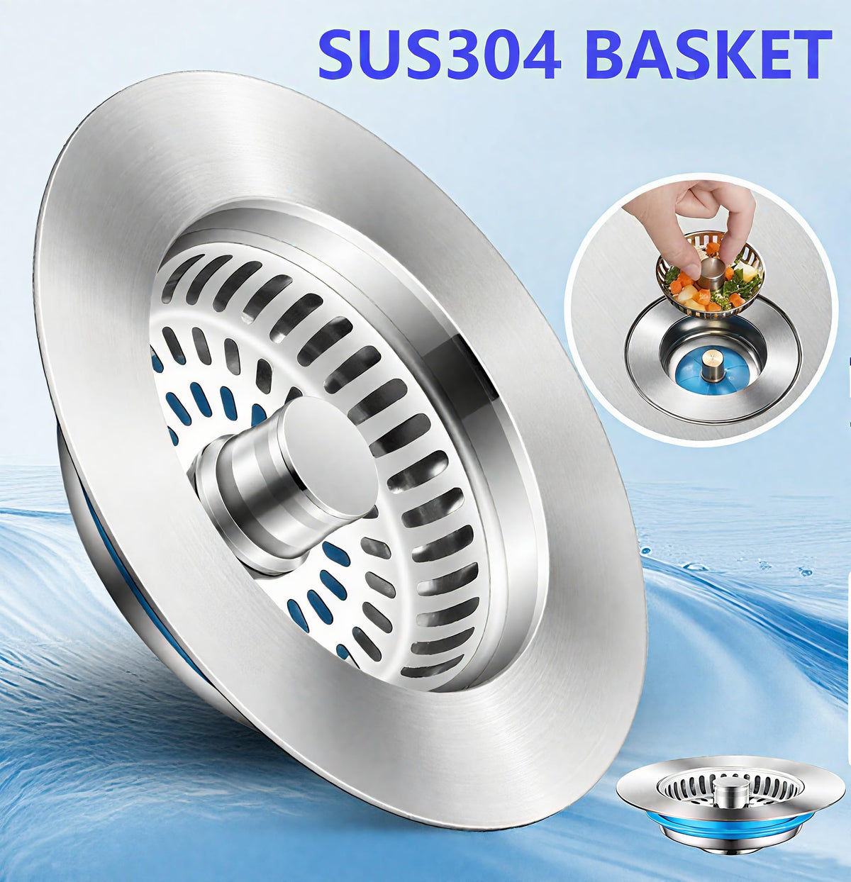 Upgraded 3-in-1 Kitchen Sink Drain Strainer & Stopper - Stainless Steel Anti-Clogging Food Catcher Basket, Universal Sink Protector Cover Filter, Fits US Standard 3-1/2 Inch Drain (Silver-1Pack)