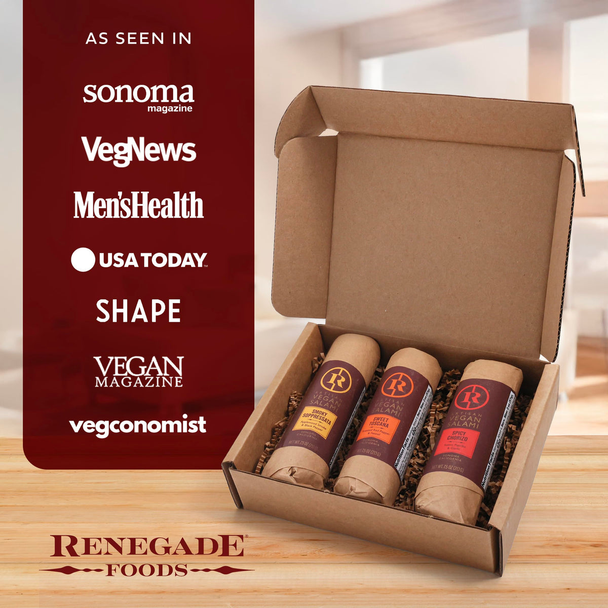 Renegade Foods Artisan Vegan Salami | 3 Pack | Smoky Soppressata, Sweet Toscana, Spicy Chorizo | High Protein, Low Sugar, Seitan, Non-GMO | 16 - 17g