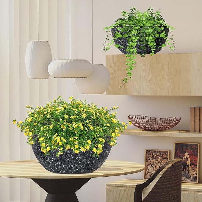 WOUSIWER 13 inch 2Pack Large Hanging Planters for Outdoor Indoor Plants with Drainage Holes and Chain, Round Hanging Flower Pots for Garden Home Porch Decor, Black Speckles