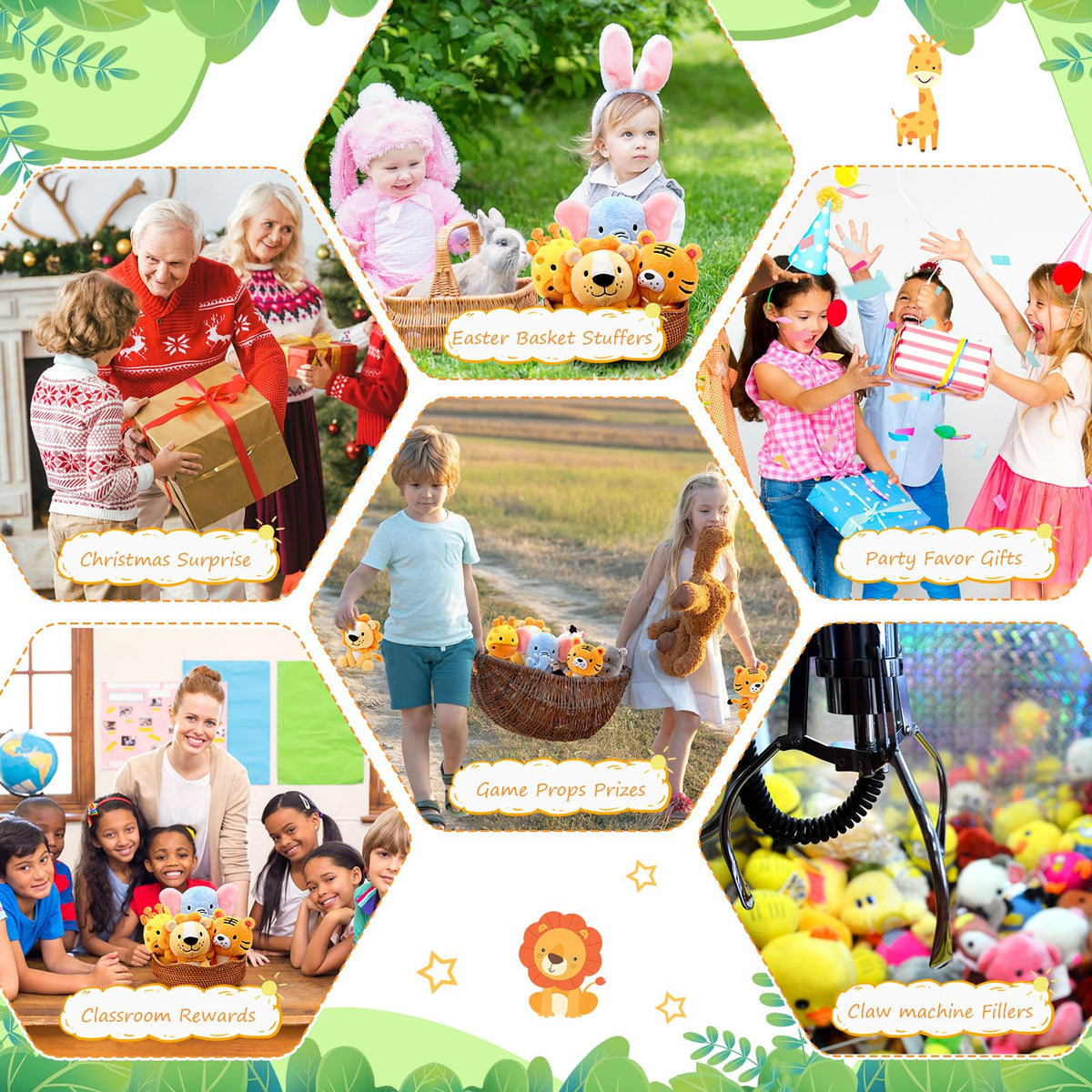 RoundFunny 6 Pcs Cute Safari Stuffed Animals, 7 Inch Jungle Plush Toys