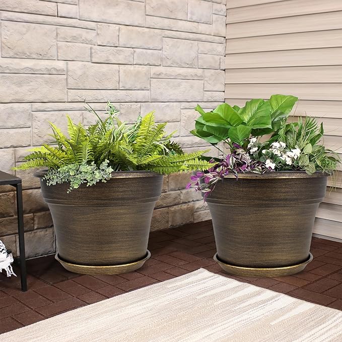 Plant Planters Pots Set of 6 Pack 6 Inch, Plastic Flower Pot for Indoor Plants with Drainage Holes & Trays, Resin Decorative Container Sets with Saucer for House Outdoor Garden Planters Dark Gold