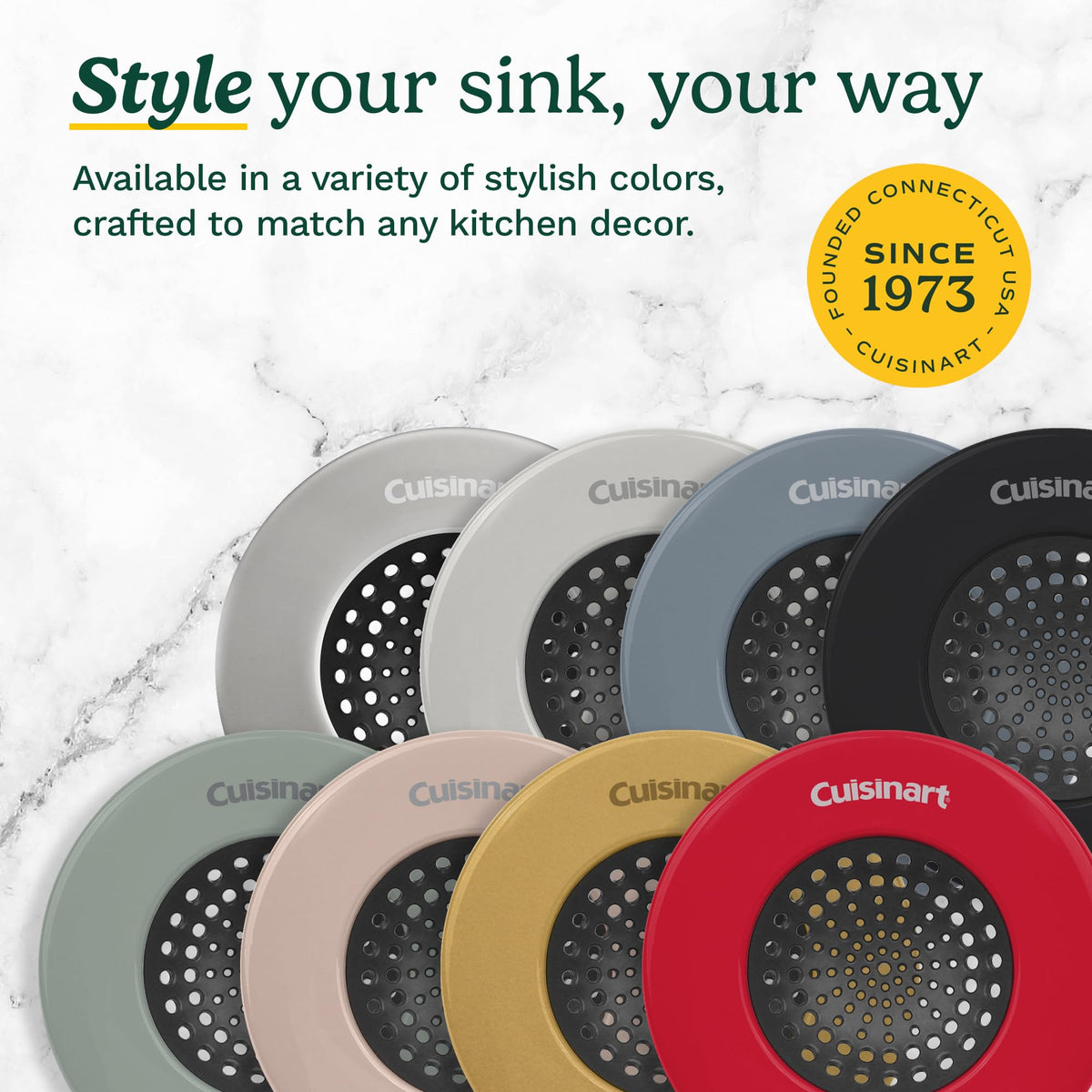Cuisinart Sink Strainers- 2 Pack Kitchen Sink Drain Strainer & Food Catcher with Enamel-Coated Stainless Steel Rim and Silicone Base, Fits Standard 3.5" Drains, Outer Diameter 4.35", Scratch-Safe