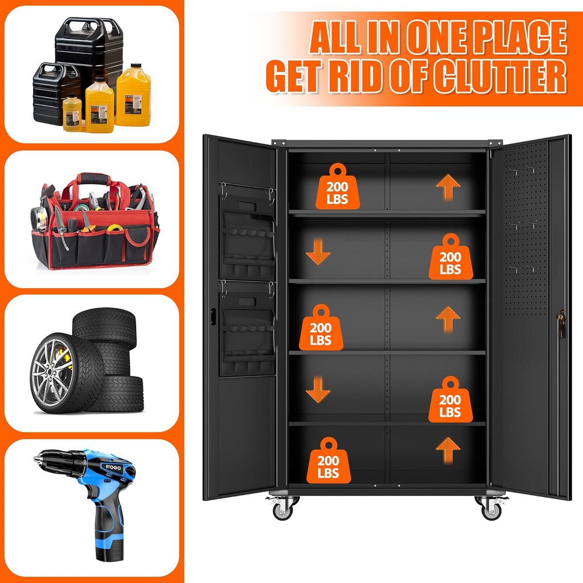 Aobabo Extra Large Cabinet on Wheels, Metal Storage Cabinet with Pegboards, Steel 2 Handles Locking Doors and Adjustable Shelves, for Garage Office, Black, 43.3''W x 21.6''D x 72''H, Assembly Required