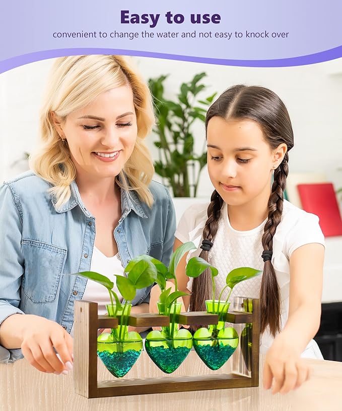 Nacome Plant Terrarium for Office Decor: Birthday Gifts for Plant Lovers Women Mom Wife - Wooden Stand Tabletop Planter 3 Bulb Glass Vase Heart Shaped for Hydroponics Indoor Home(Green)