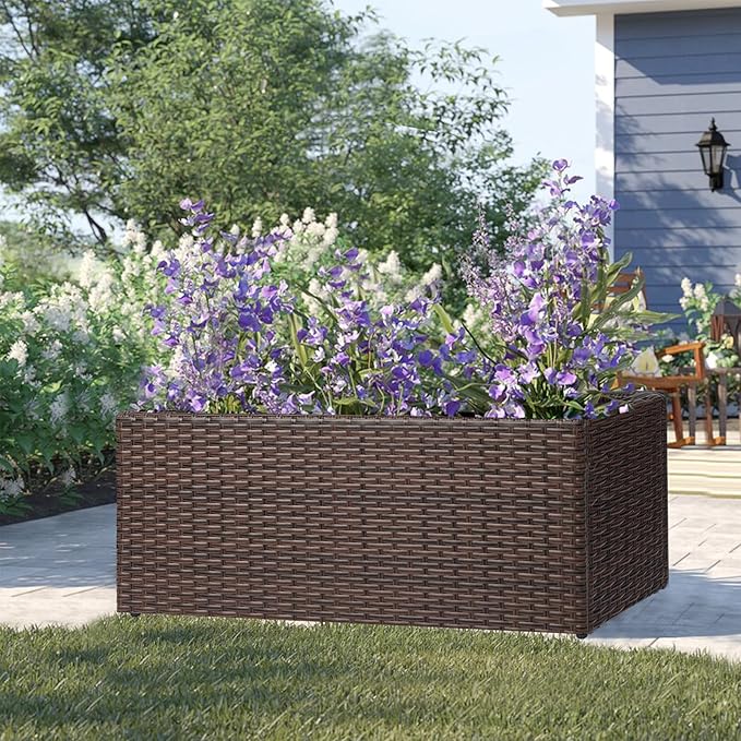 SUNNYPARK Set of 2 Large Rectangular Planter with Removable Liner, All-Weather PE Rattan Modern Planters Indoor Outdoor Flower Plant Pots Garden Box Patio Yard Front Porch Deck