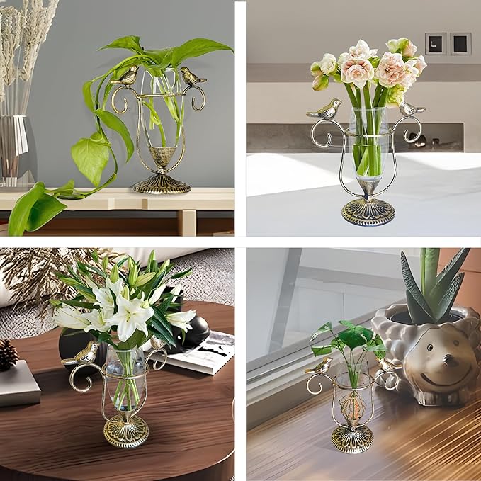 POXOH Vintage Glass Planter - Metal & Glass Propagation Vase with Gold Dual Birds Art, Retro Indoor Planter for Hydroponic Plants, Office Desk Decor, Living Room Centerpiece