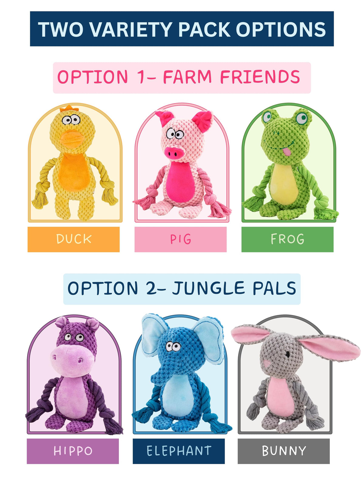 Leash and Leisure Plush Dog Toys, 3-Pack Variety Set with Squeaker, Crinkle Paper, Rope, Non-Toxic, Soft & Durable, Teething Puppy Toys- Farm Friends or Jungle Pals, 9.45 x 3.94 inches (Farm Friends)