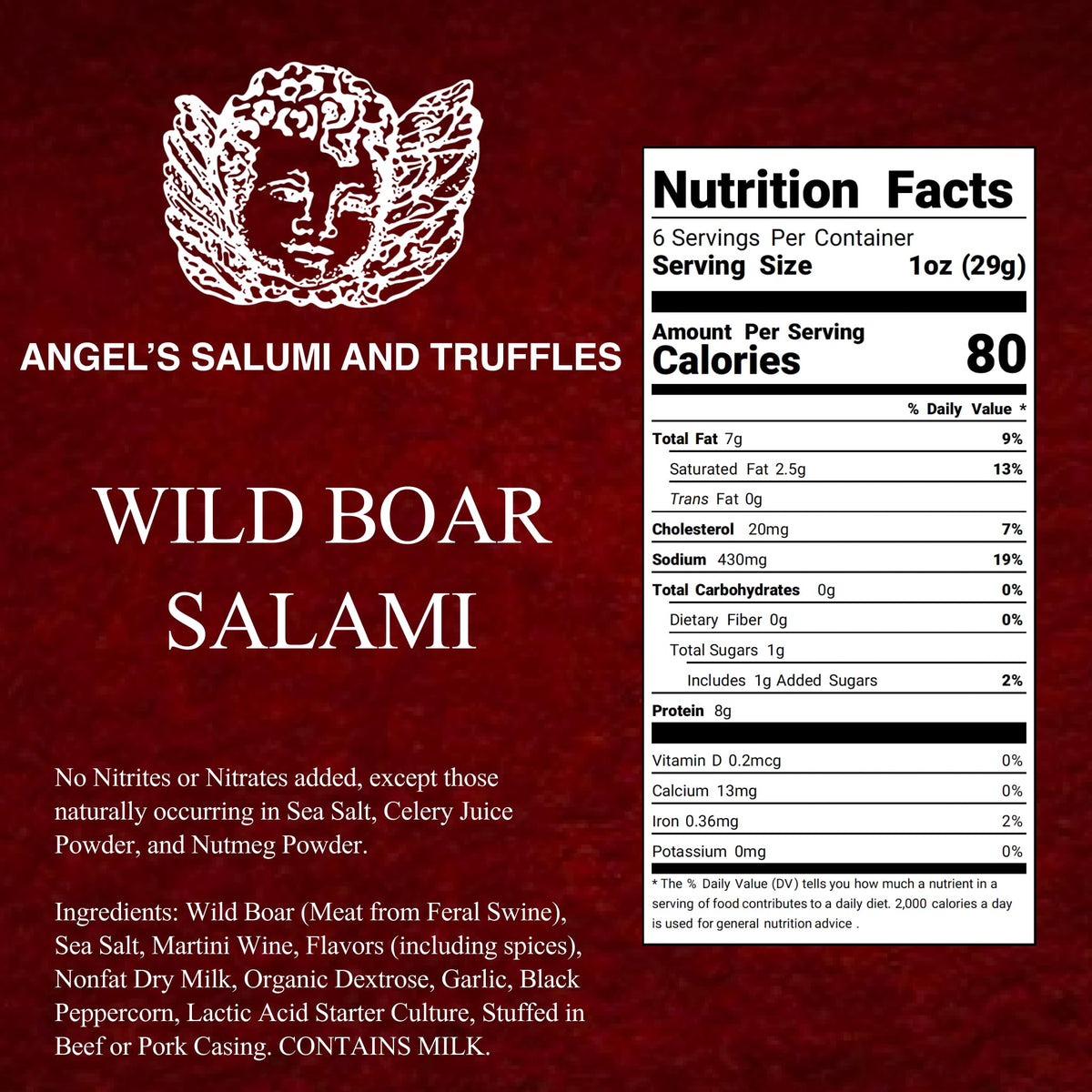 Angel's Salumi and Truffles Wild Boar Salami - 5.5oz Gourmet Artisanal Charcuterie - Texas Wild Boar, No Antibiotics, Hormones, MSG, Phosphates, or