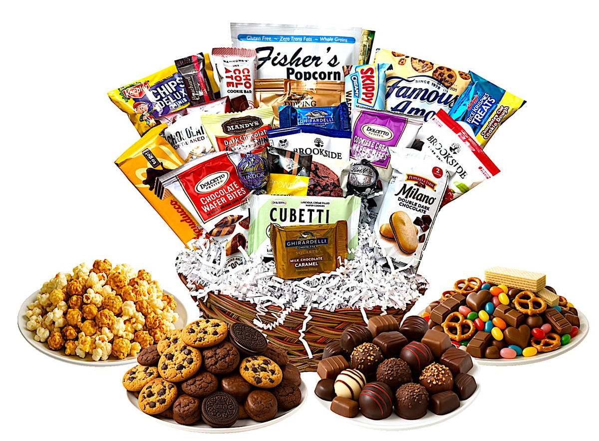 Handcrafted Gift Basket with Chocolates, Cookies, Snacks & Candy. Perfect for Birthdays, Sympathy, Holidays, Clients & Thank You Gifts (Standard