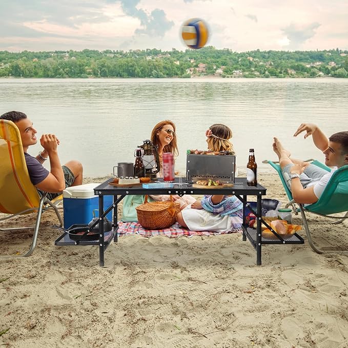 REDCAMP 36x24 Folding Grill Table for Outside with 2 Side Tables, Lightweight Portable Metal Aluminum Outdoor Grill Table with Adjustable Height Legs, Great for Camping Picnic Cooking BBQ, Black 3ft