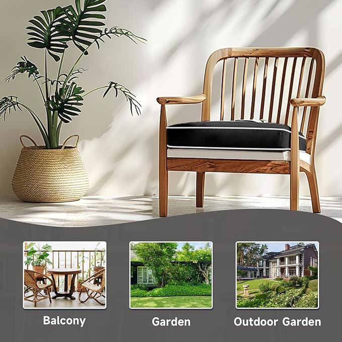 PNP FKJP 2 Pack Outdoor Chair Cushion 20" X 20" X 4", Waterproof Outdoor Seat Cushions with Non-Skid Ties, Black (Cushion + Cover)