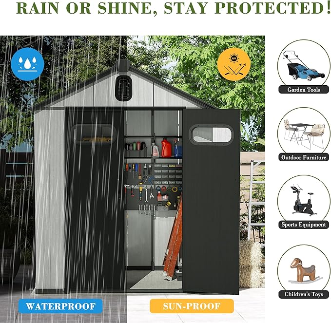 Domi 8x8FT Outdoor Resin Storage Shed with Transparent Windows & Louvered Vents, Plastic Tool Shed with Double Lockable Doors & Gable Roof, Outside Garden Shed for Backyard, Patio, Lawn, Grey