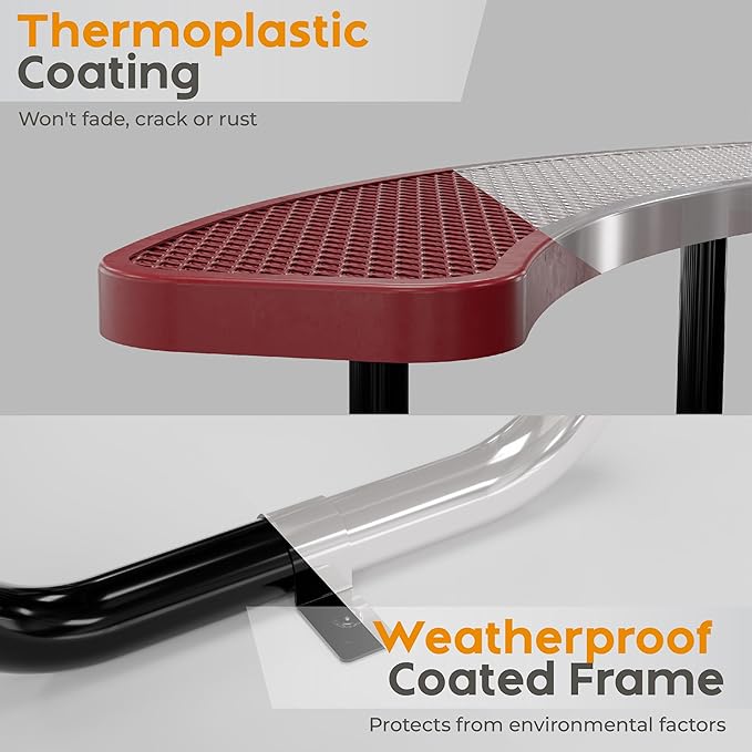 Metal Picnic Tables for Outdoors with Umbrella Hole - Coated Steel Heavy Duty Commercial Grade Table with Adjustable Seats (Red, 38 in, Round, Expanded Steel)