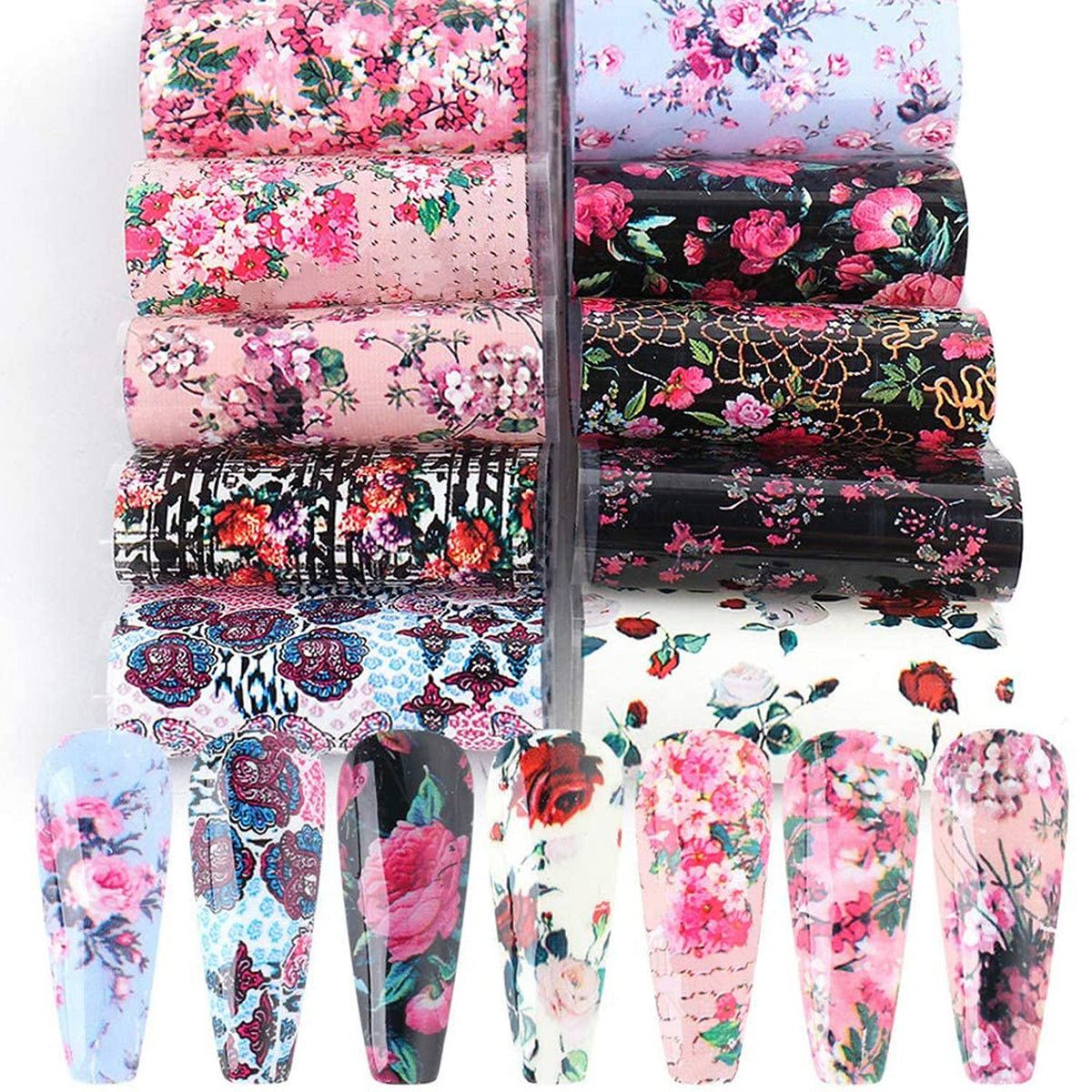 Retro Flower Nail Art Foil Transfer Stickers, Nail Art Stickers Foil Transfers Decals Holographic Rose Flowers Starry Sky Design