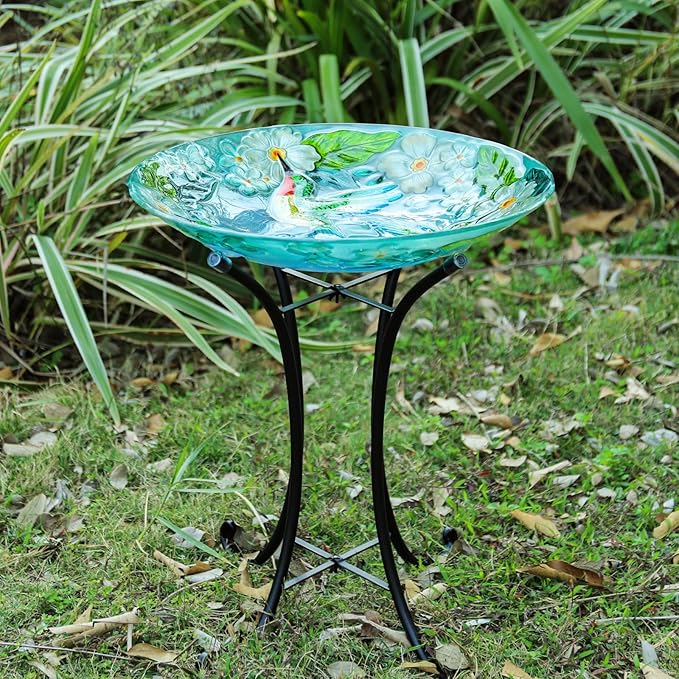 VCUTEKA 18" Outdoor Glass Birdbath with Sturdy Metal Stand for Lawn, Yard, or Garden Decor Bird Lovers Gift, Hummingbird Bird Bath Detachable, 22" Height
