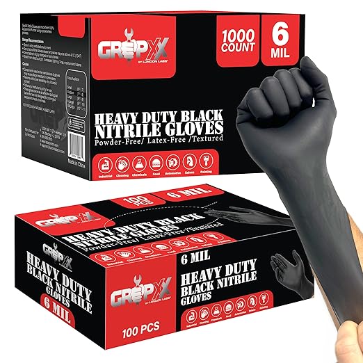 Heavy Duty 6 Mil Black Nitrile Gloves - Disposable, Latex & Powder Free | Mechanic, Food Prep & Tattoo | Rubber Gloves for Cooking, Cleaning & Household |Bulk Case of (1000)