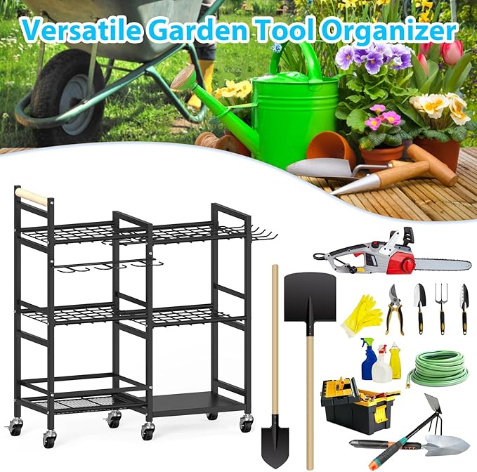 NADAMOO Garden Tool Organizer with Rolling Wheel, 3-tier Metal Shelf Yard Tool Holder, Utility Stand Rack for Garage Organization and Storage, Hold Long-Handled Rakes, Shovel, Broom