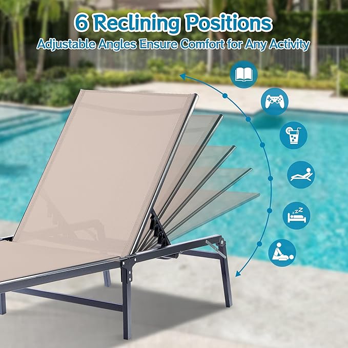 Outdoor Chaise Lounge Chair, Foldable & Assemble-Free, 6 Adjustable Positions, Durable Rust-Resistant Frame, Portable Outdoor Pool Lounge Chairs for Pool Patio Beach, Khaki