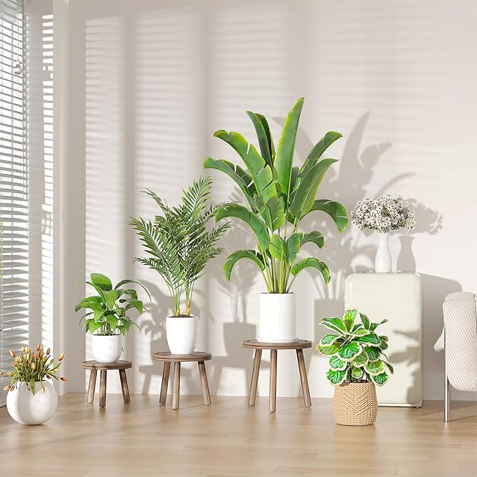 3-Pack Wood Plant Stands Indoor, Single Plant Stand for 6-12 Inch Pots, Mid-Century Modern Plant Stool, Tall Plant Stand for Large Plants for Living Room, Balcony, Office (Dark Brown)