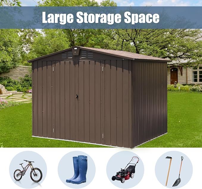 Domi Backyard Storage Shed 8.2’ x 6.2’ with Galvanized Steel Frame,Outdoor Garden Shed Metal Utility Tool Storage Room with Latches and Lockable Door for Balcony Lawn Poolside (Dark Brown)
