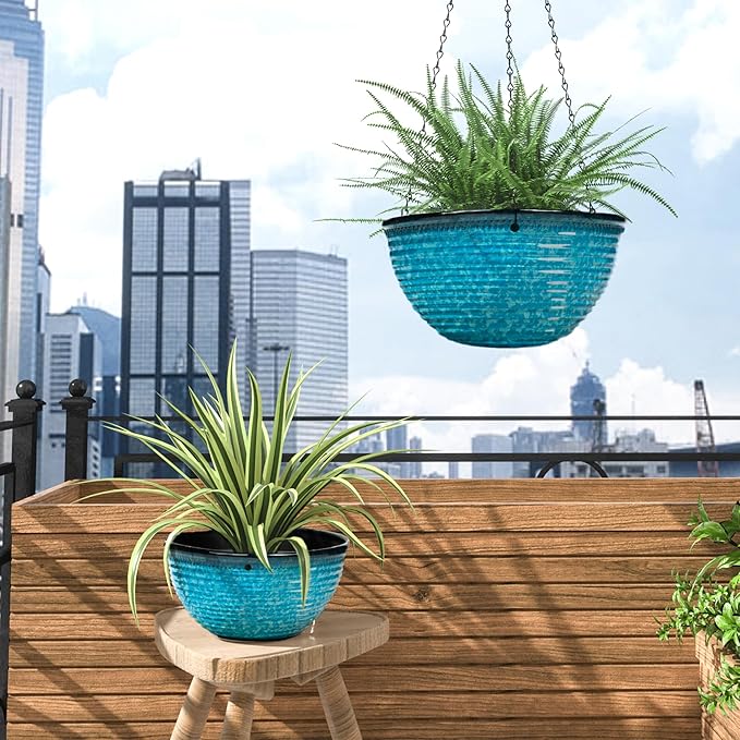 10 Inch Hanging Planter, 2 Pack Hanging Planters for Indoor Outdoor Plants Self Watering Hanging Pots with Drainage Holes for Garden Home (Snowflake Blue)