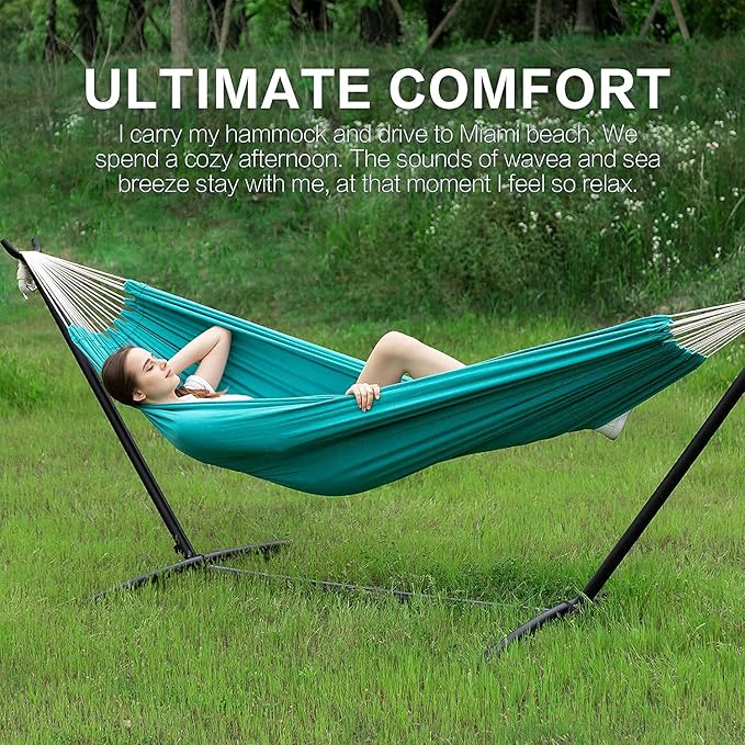 PNAEUT Double Hammocks with Stand for Outside, Portable Space Saving Heavy-Duty Steel Stand for Indoor Outdoor Patio with Carrying Bag, 450 lbs Capacity (Aqua)