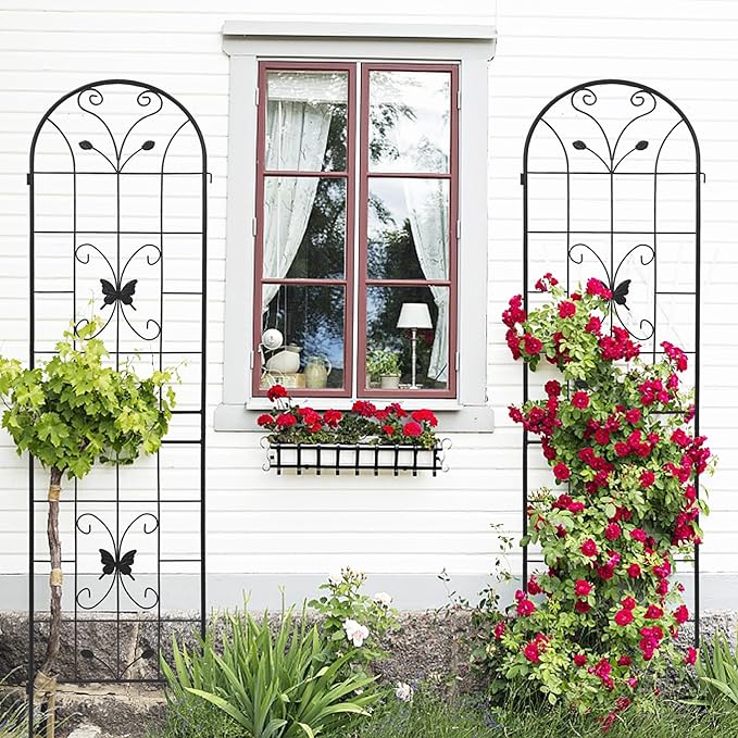4 Pack Metal Garden Trellis 86.7" Black Fence Rustproof Garden Trellis for Climbing Plants Support Roses Flower Outdoor Lawn, Black