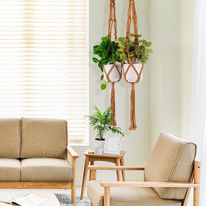 Sorbus Macrame Plant Hanger (4 Pack) Indoor Outdoor Hanging Plant Pots Cotton Rope, Elegant for Home, Patio, Garden (Brown)