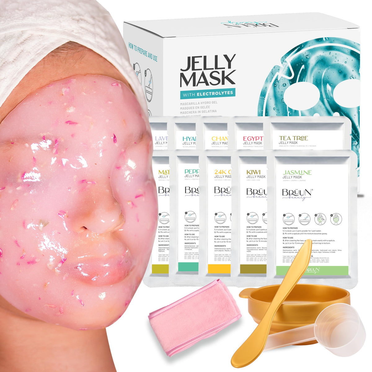 Brun Peel-Off Jelly Mask Hydrating Premium Modeling Rubber Mask Spa Set - 10 Treatments (24K Gold, Lavender, Kiwi, Peppermint, E