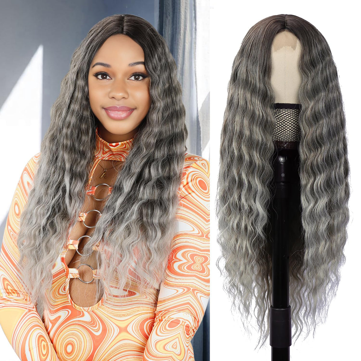 Grey 28 Inch Curly Wig Long Wigs For Black Women Loose Deep Wave Silver Gray Synthetic Lace Front Wig 4'' Simulated Scalp Middle