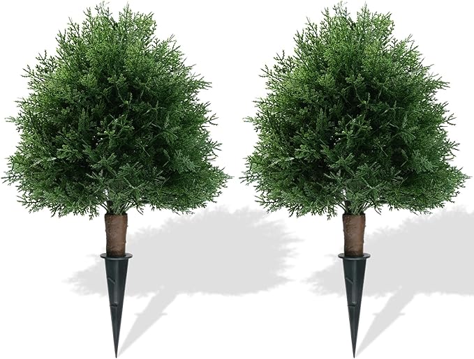 20" Artificial Cedar Topiary Ball Trees with Ground Spike, 2 Pack UV Resistant Artificial Shrubs, Fake Evergreen Artificial Plant Brush for Indoor Outdoor Front Porch Garden