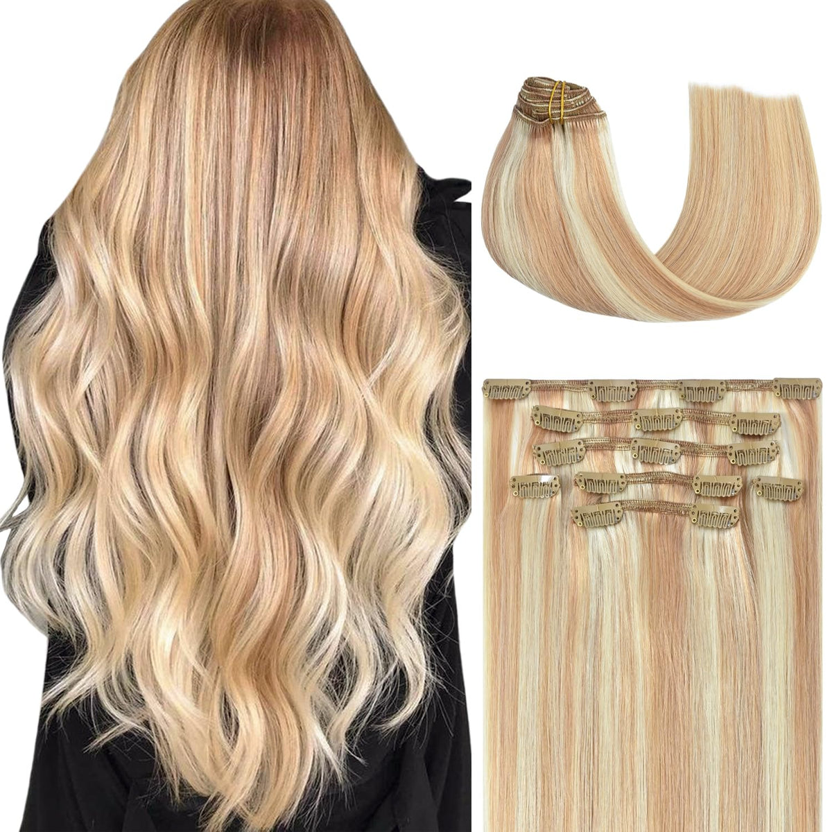 Honsoo Balayage Hair Extensions Clip In Hair Extensions Real Human Hair Double Weft 9A Hair Strawberry Blonde To Bleach Blonde H