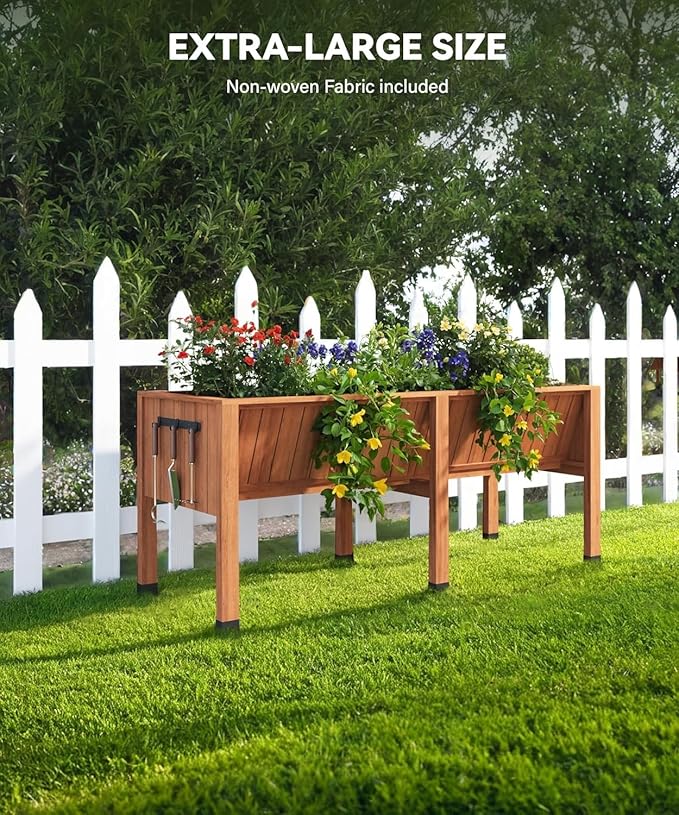 72x26x31 Inch Raised Garden Bed with Legs, 13.7In Depth Wooden Planter Box for Outdoor Growing Vegetables and Herbs, Elevated Garden Bed with Hooks for Backyard, Patio, Balcony